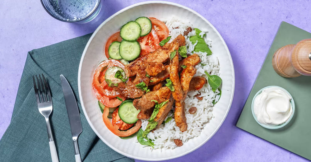Moroccan-Spiced Pork & Currant Rice with Cucumber-Tomato Salsa & Garlic Sauce