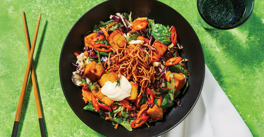 Sweet Chilli Tofu & Japanese-Style Salad with Crunchy Fried Noodles & Aioli