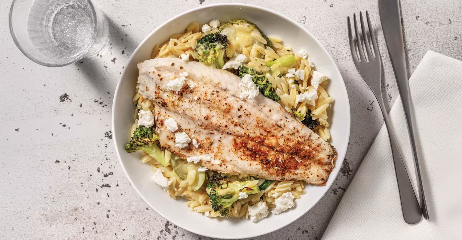 Greek-Style Barramundi & Veggie Risoni with Double Fetta Crumble