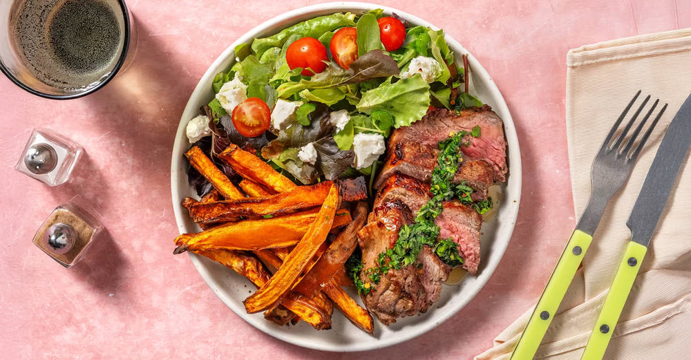 Double Beef Rump & Chimichurri Sauce with Sweet Potato Fries & Fetta Salad