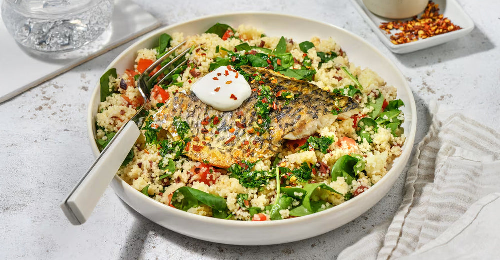 Barramundi & Zesty Olive Couscous Salad with Garlic-Chilli Oil & Yoghurt