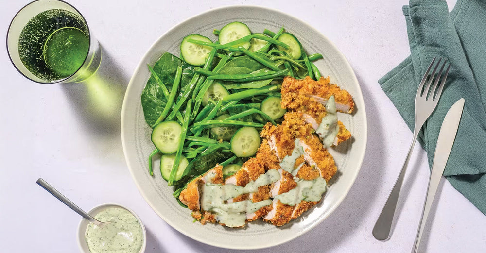 Herby Chicken Schnitzel & Pea Pod Salad with Creamy Pesto Dressing