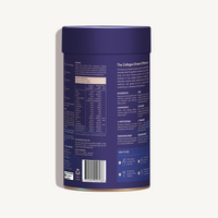 Back of Collagen Dream Hot Chocolate packaging showing full nutritional panel, ingredient list, ingredient benefit descriptions, and how-to-use instructions.