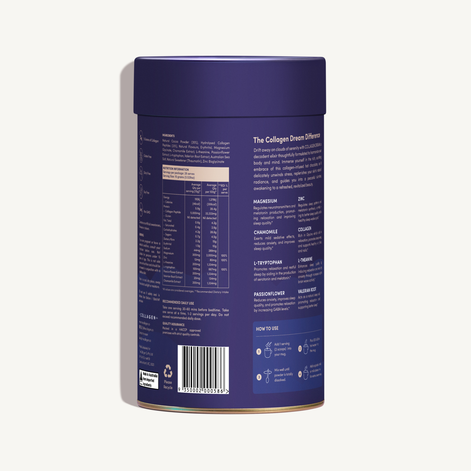 Back of Collagen Dream Hot Chocolate packaging showing full nutritional panel, ingredient list, ingredient benefit descriptions, and how-to-use instructions.