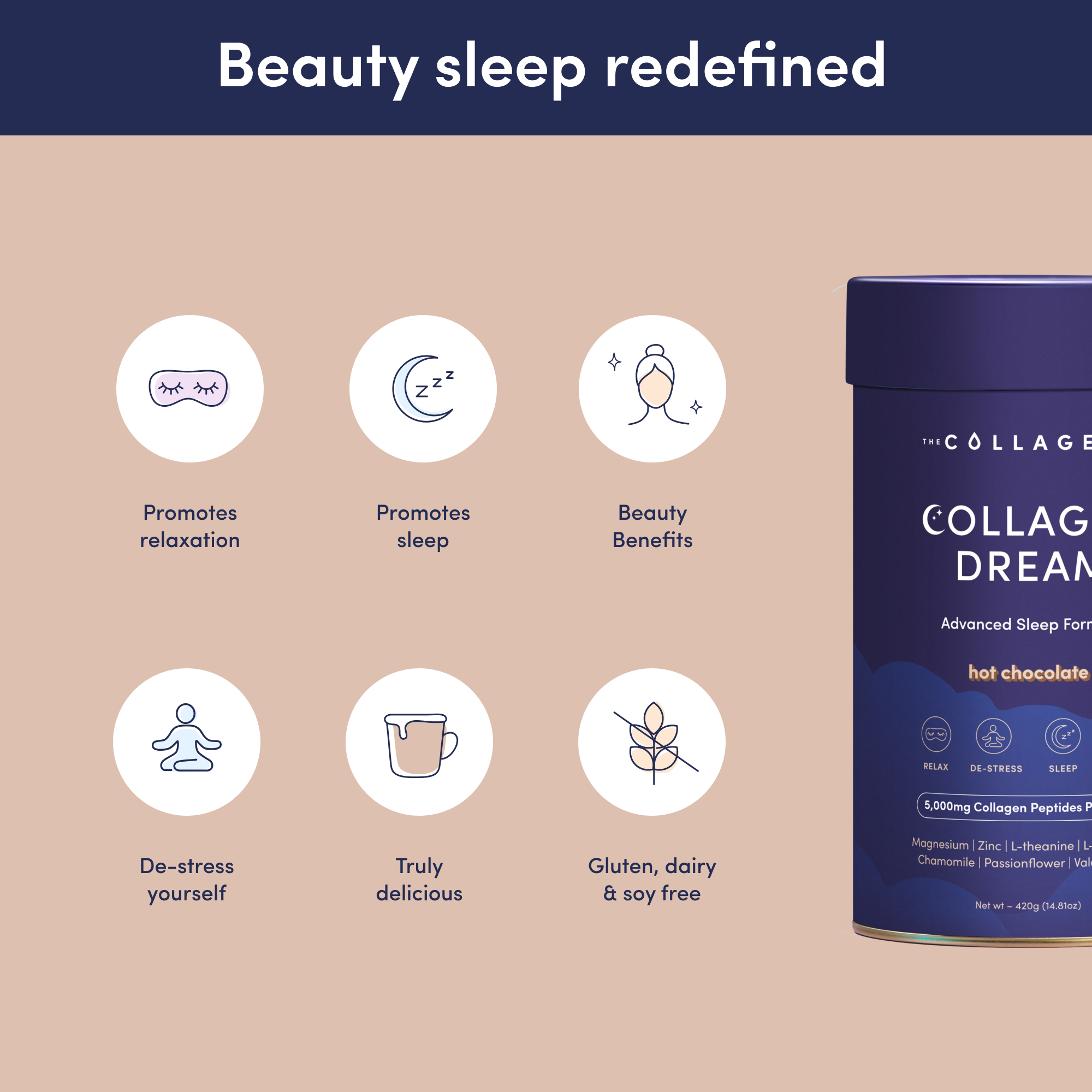 Beauty sleep benefit icons for Collagen Dream: promotes relaxation and sleep, beauty benefits, de-stress support, delicious taste, and gluten, dairy & soy free formula, alongside product pack.