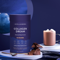 Collagen Dream Hot Chocolate tub styled with a glass of hot chocolate topped with marshmallows, and a chocolate truffle on a soft blue background with moon and cloud elements.
