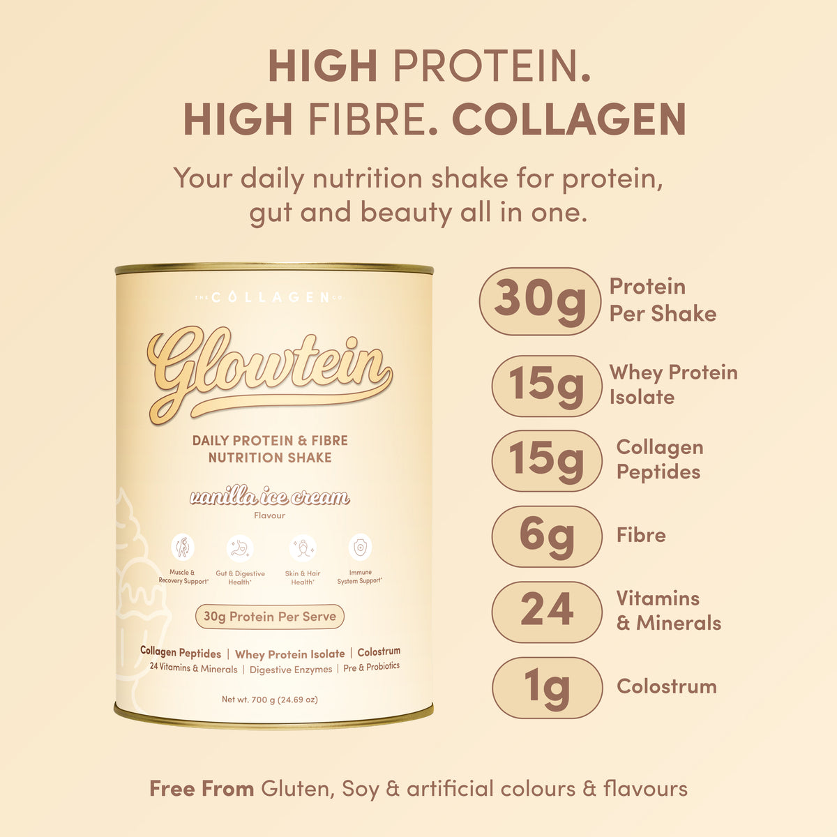 Glowtein Vanilla Ice Cream Daily Protein & Fibre Shake - 700g